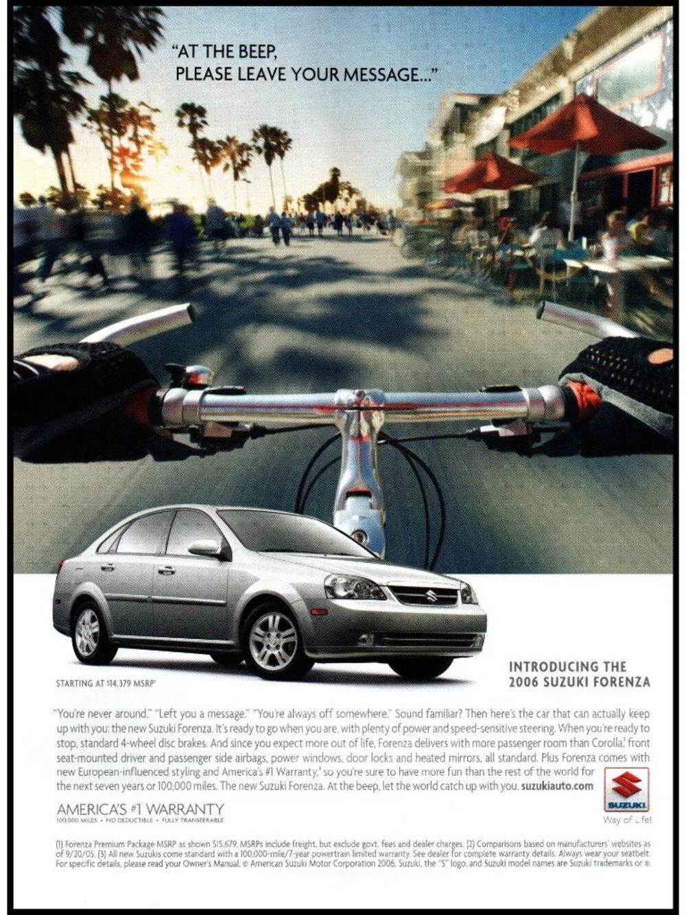2006 Suzuki Forenza Sedan Vintage Print Ad Bike Handlebar Beachfront Wall Art